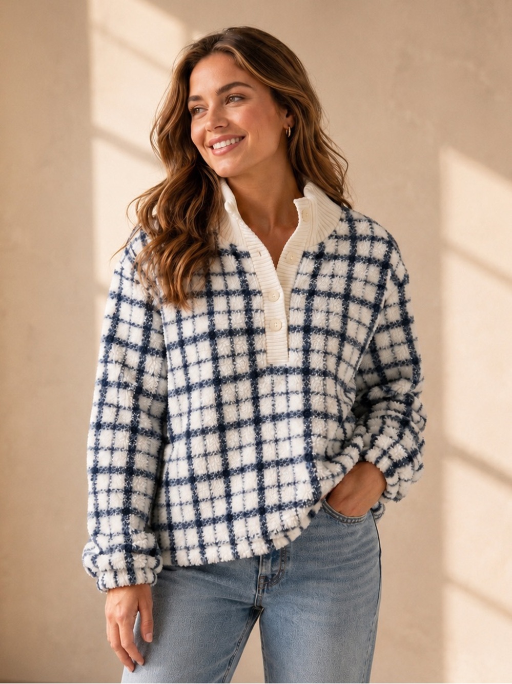 LOFT Plaid Sherpa Pullover Blue Cream Teddy Fleece Mock Neck Henley M